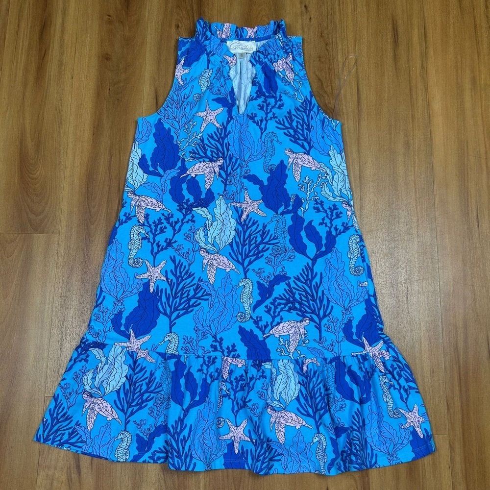 Pappagallo Blue Pink Sea‎ Life Ocean Print Ruffle Midi Dress V-Neck Sleeveless S